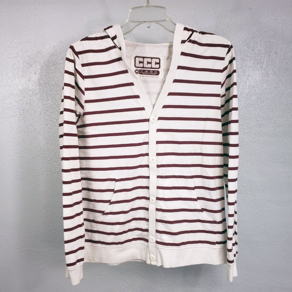 CCC Women's White Button Down Stripped Lightweight Sweater Coat Jacket Hoodie - Picture 10 of 11